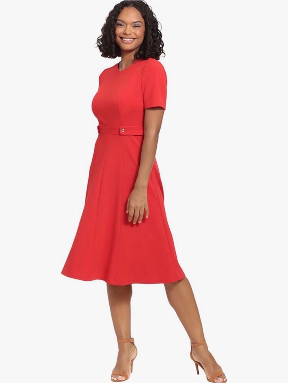 London Times Petites NWT Red Fit & Flare Midi Dress Size 4P Gold Button Detail